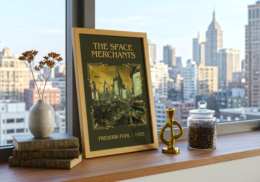 The Space Merchants Classic Book Art Print by Frederik Pohl – framed print on a city-view windowsill