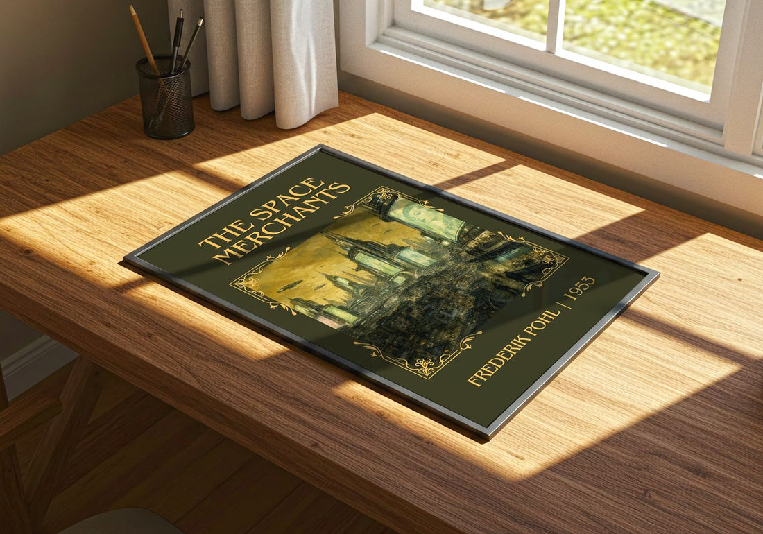 The Space Merchants Classic Book Art Print by Frederik Pohl – print on a sunlit desk