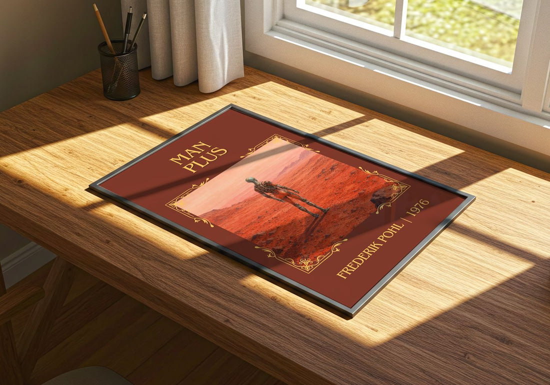 Man Plus Classic Book Art Print by Frederik Pohl – print on a sunlit desk