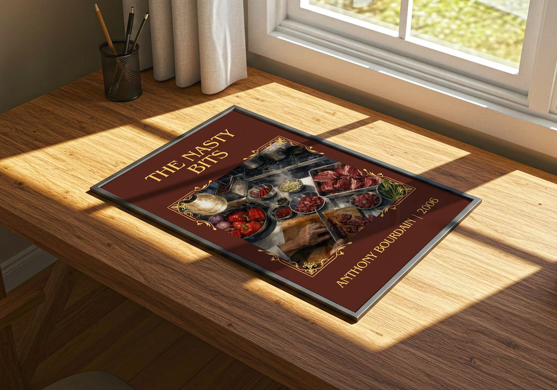 The Nasty Bits Classic Book Art Print by Anthony Bourdain – print on a sunlit desk