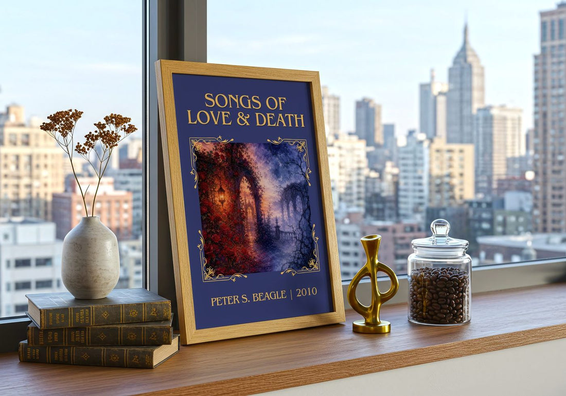Songs of love & death Classic Book Art Print by Peter S. Beagle – framed print on a city-view windowsill