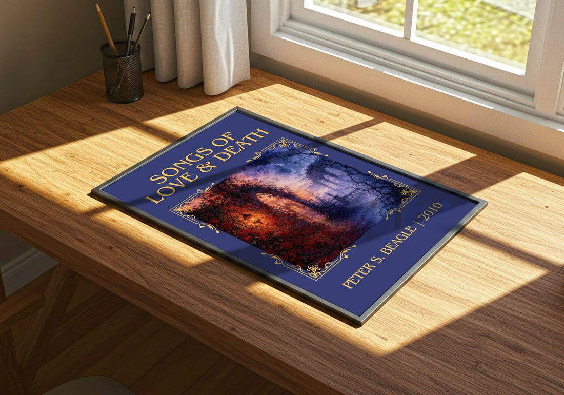 Songs of love & death Classic Book Art Print by Peter S. Beagle – print on a sunlit desk