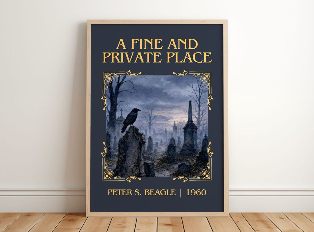 A Fine and Private Place Classic Book Art Print by Peter S. Beagle – framed print leaning on a wooden floor
