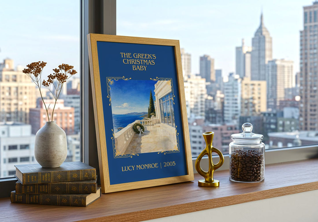 The Greek's Christmas Baby Classic Book Art Print by Lucy Monroe – framed print on a city-view windowsill