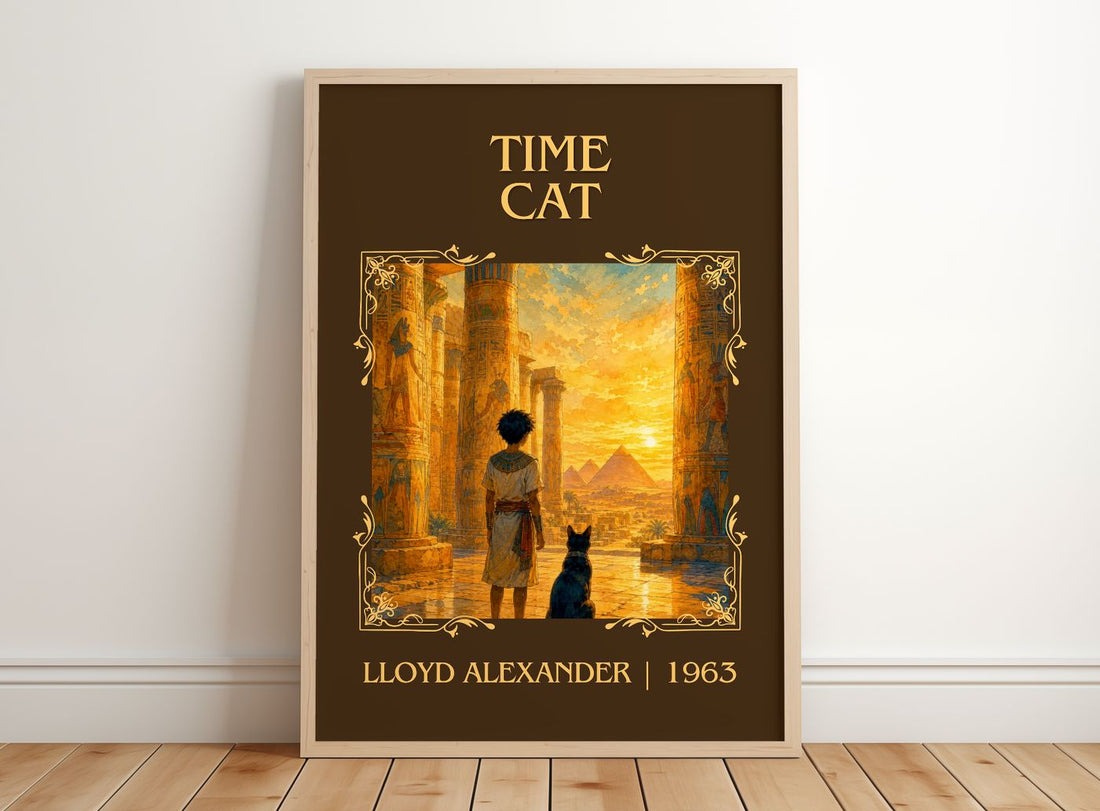 Time Cat Classic Book Art Print by Lloyd Alexander – framed print leaning on a wooden floor