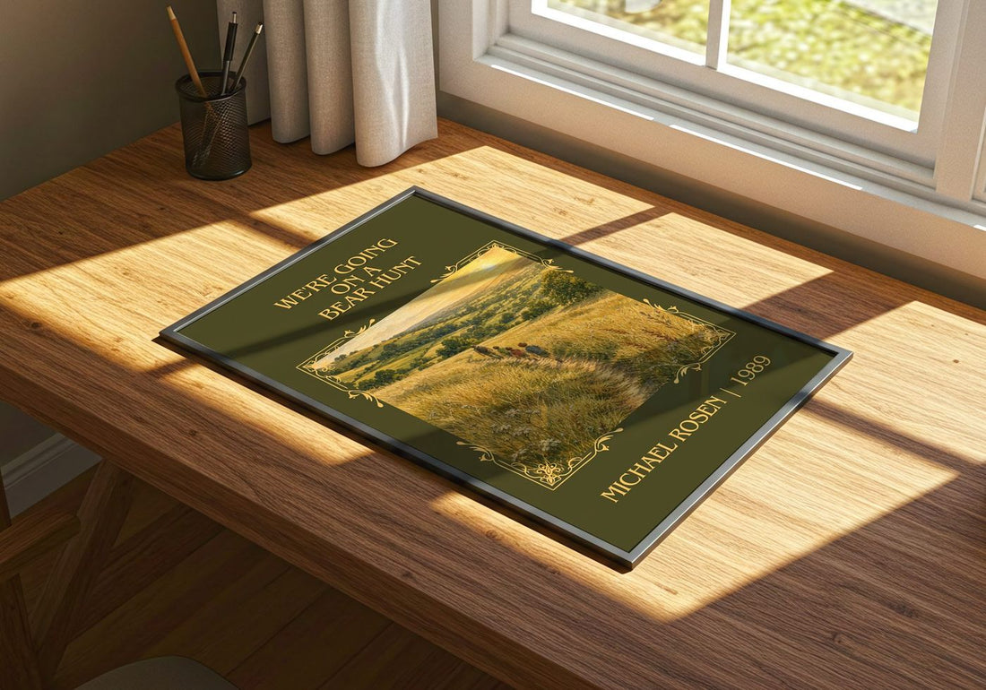 We're Going on a Bear Hunt Classic Book Art Print by Michael Rosen – print on a sunlit desk