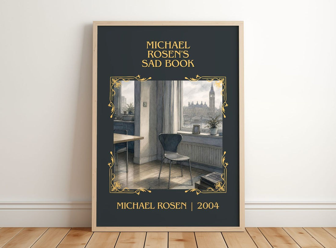 Michael Rosen's sad book Classic Book Art Print by Michael Rosen – framed print leaning on a wooden floor