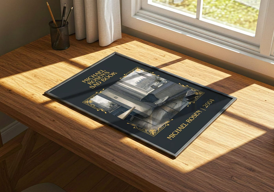 Michael Rosen's sad book Classic Book Art Print by Michael Rosen – print on a sunlit desk