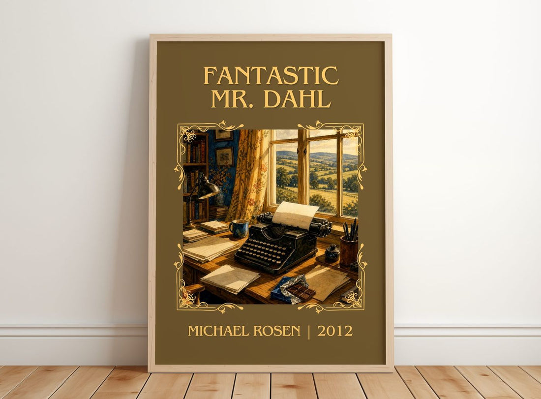 Fantastic Mr. Dahl Classic Book Art Print by Michael Rosen – framed print leaning on a wooden floor