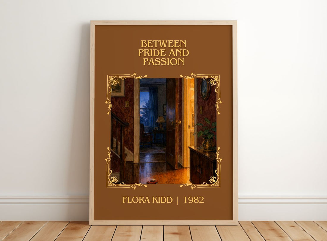 Between Pride and Passion Classic Book Art Print by Flora Kidd – framed print leaning on a wooden floor