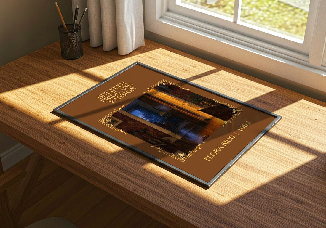 Between Pride and Passion Classic Book Art Print by Flora Kidd – print on a sunlit desk