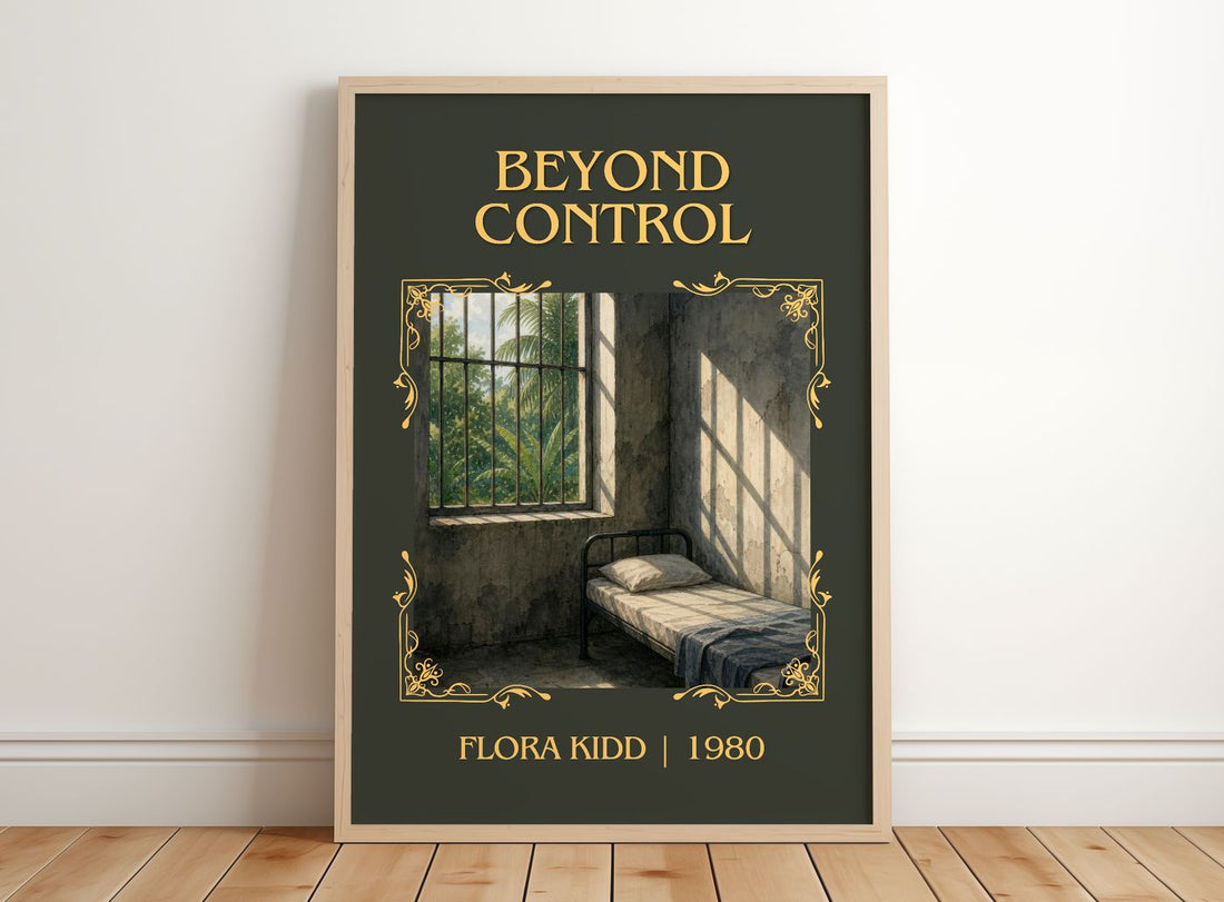 Beyond Control Classic Book Art Print by Flora Kidd – framed print leaning on a wooden floor