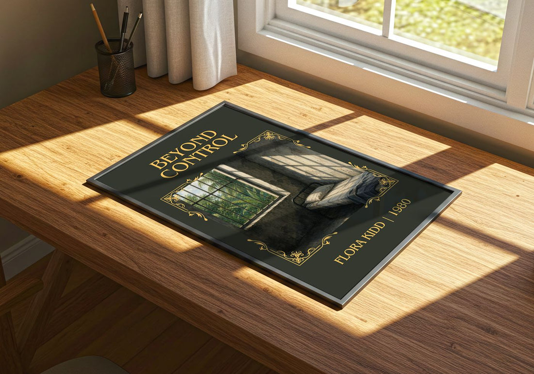 Beyond Control Classic Book Art Print by Flora Kidd – print on a sunlit desk