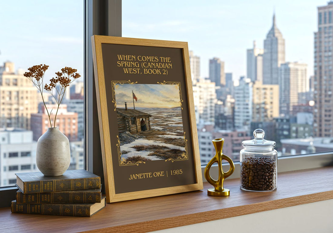 When Comes the Spring (Canadian West, Book 2) Classic Book Art Print by Janette Oke – framed print on a city-view windowsill
