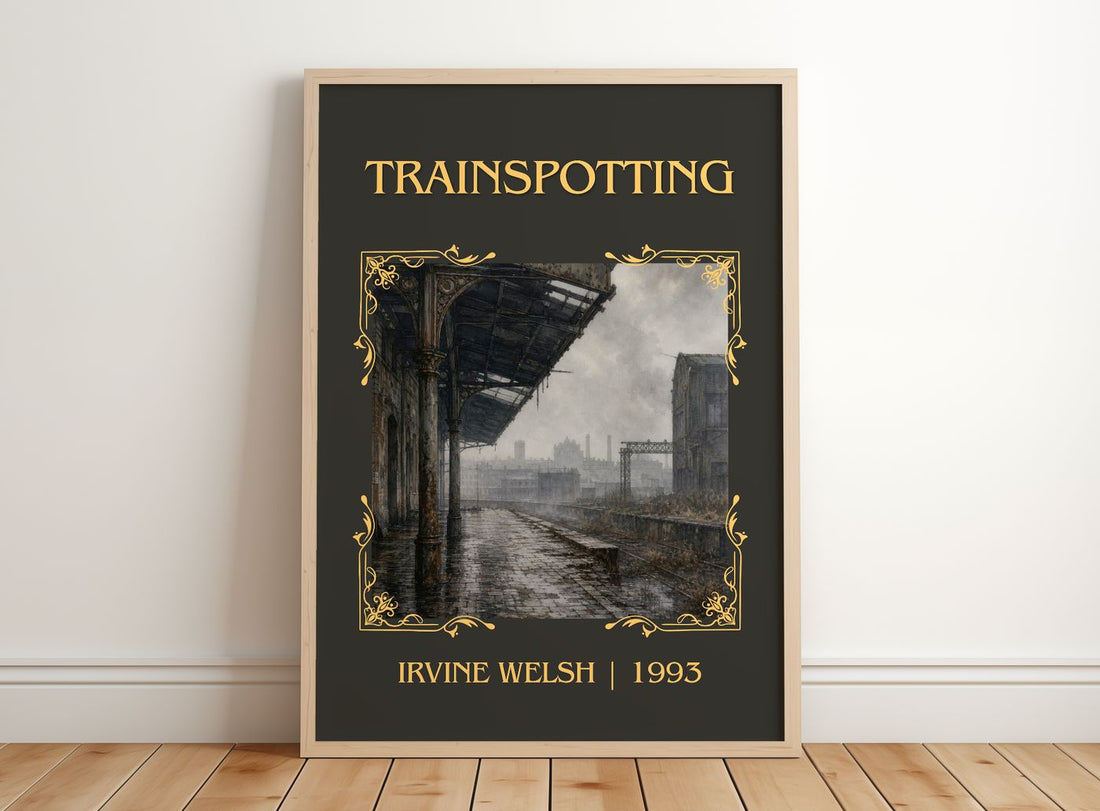 Trainspotting Classic Book Art Print by Irvine Welsh – framed print leaning on a wooden floor