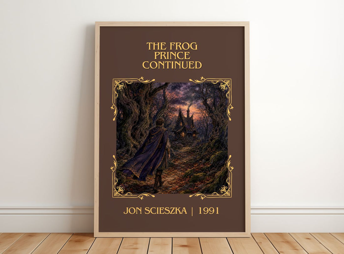The Frog Prince Continued Classic Book Art Print by Jon Scieszka – framed print leaning on a wooden floor