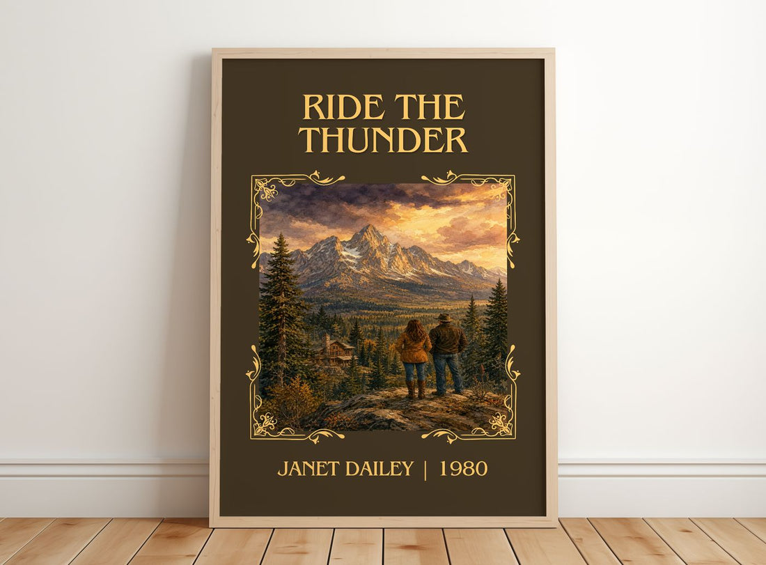 Ride the thunder Classic Book Art Print by Janet Dailey – framed print leaning on a wooden floor