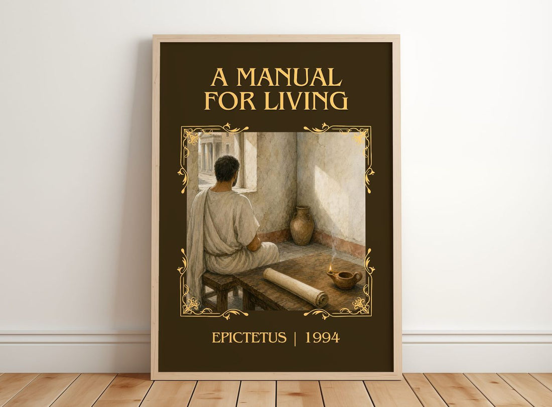 A manual for living Classic Book Art Print by Epictetus – framed print leaning on a wooden floor