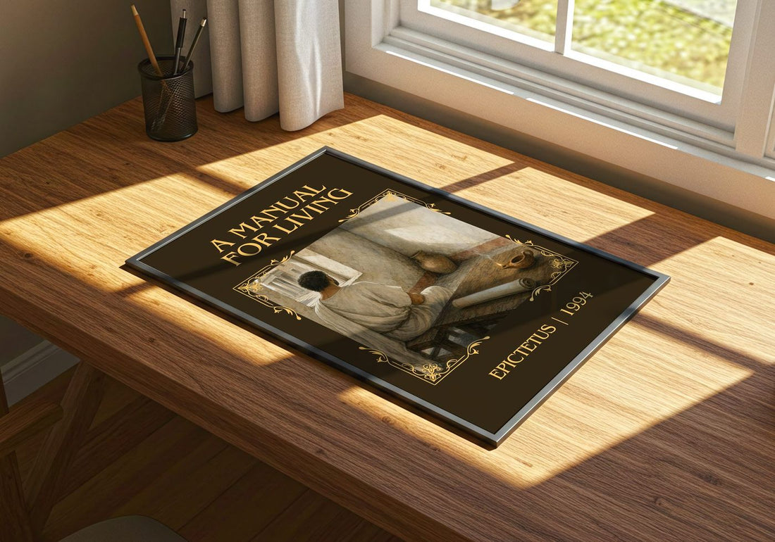 A manual for living Classic Book Art Print by Epictetus – print on a sunlit desk
