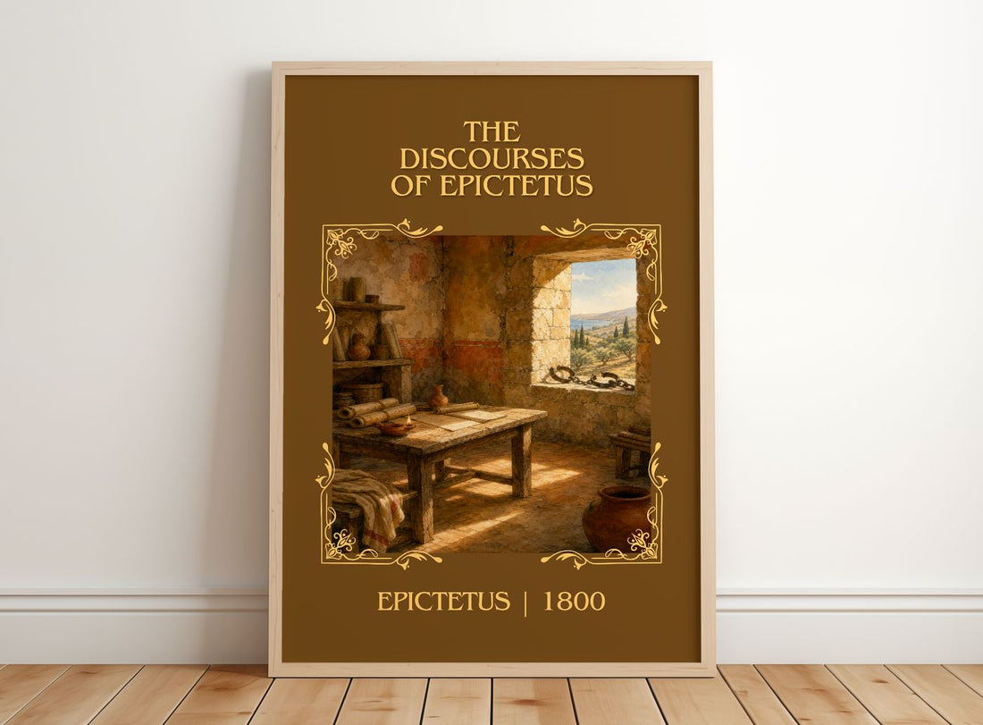 The discourses of Epictetus Classic Book Art Print by Epictetus – framed print leaning on a wooden floor