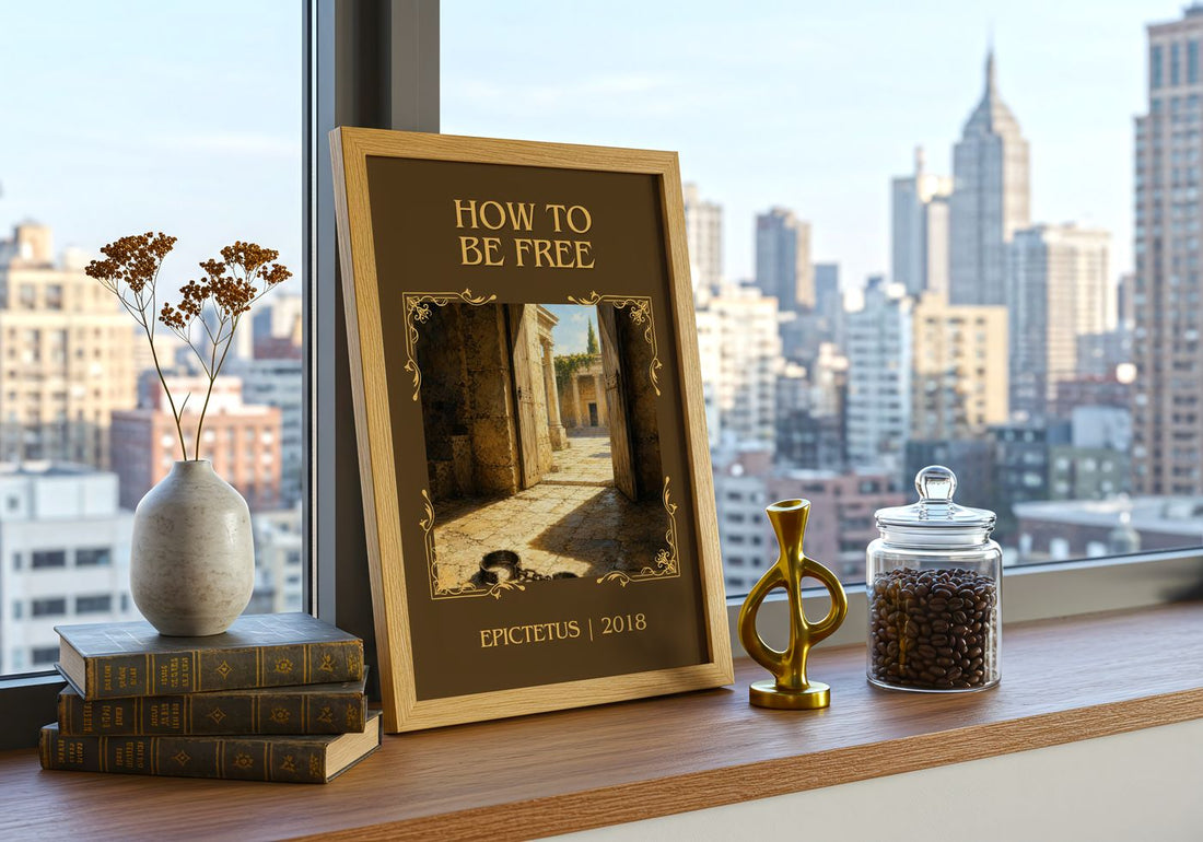 How to Be Free Classic Book Art Print by Epictetus – framed print on a city-view windowsill