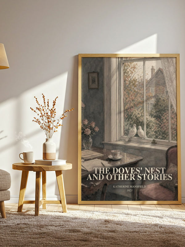 The Doves' Nest And Other Stories watercolour print in frame leaning in hallway – literary fiction wall art