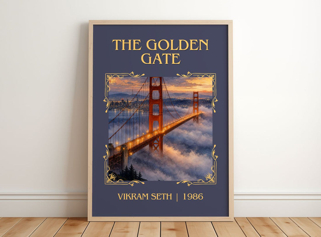 The Golden Gate Classic Book Art Print by Vikram Seth – framed print leaning on a wooden floor