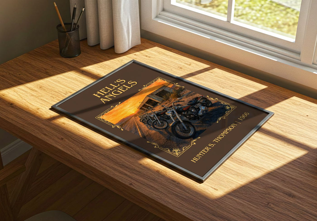 Hell's Angels Classic Book Art Print by Hunter S. Thompson – print on a sunlit desk