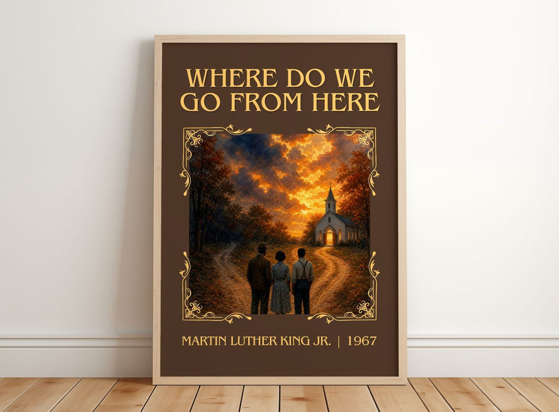 Where do we go from here Classic Book Art Print by M. Jr. – framed print leaning on a wooden floor