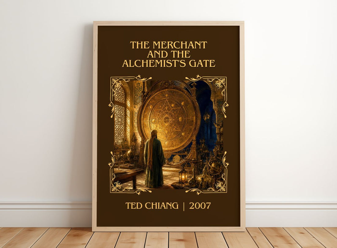 Merchant and the Alchemist's Gate Classic Book Art Print by Ted Chiang – framed print leaning on a wooden floor