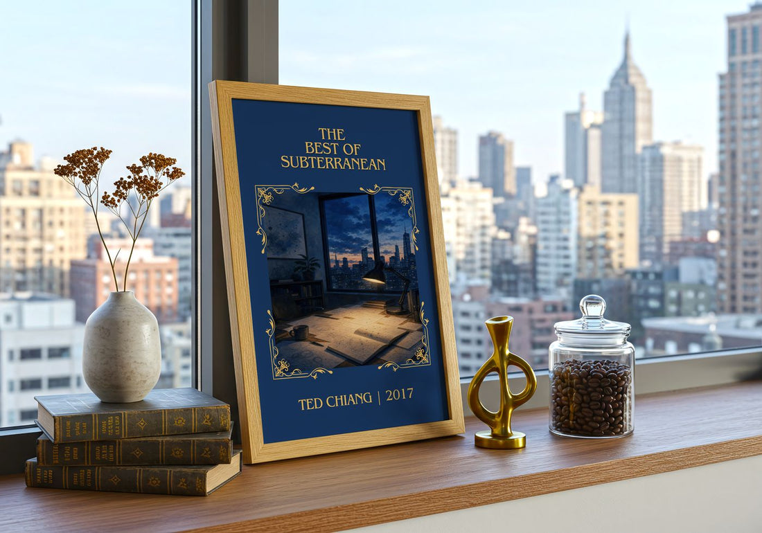 The Best of Subterranean Classic Book Art Print by Ted Chiang – framed print on a city-view windowsill