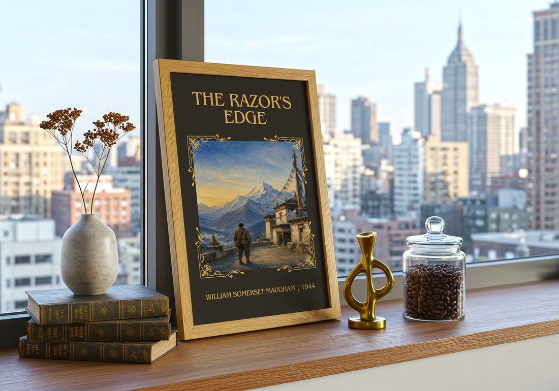 The Razor's Edge Classic Book Art Print by William Somerset Maugham – framed print on a city-view windowsill