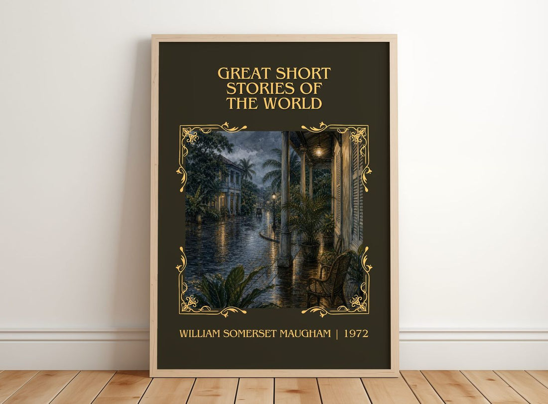 Great Short Stories of the World Classic Book Art Print by W. Maugham – framed print leaning on a wooden floor