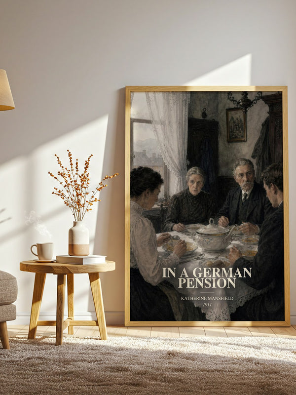 In A German Pension watercolour print in frame leaning in hallway – classic literature wall art