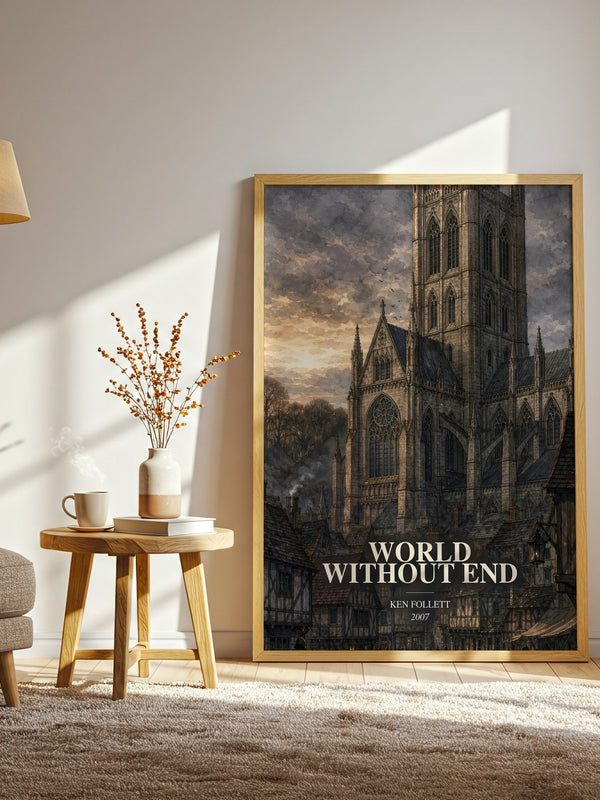 World Without End watercolour print in frame leaning in hallway – historical fiction wall art