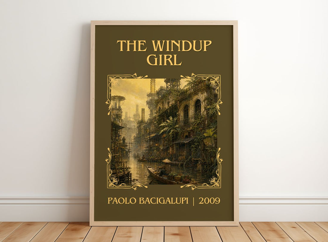 The Windup Girl Classic Book Art Print by Paolo Bacigalupi – framed print leaning on a wooden floor