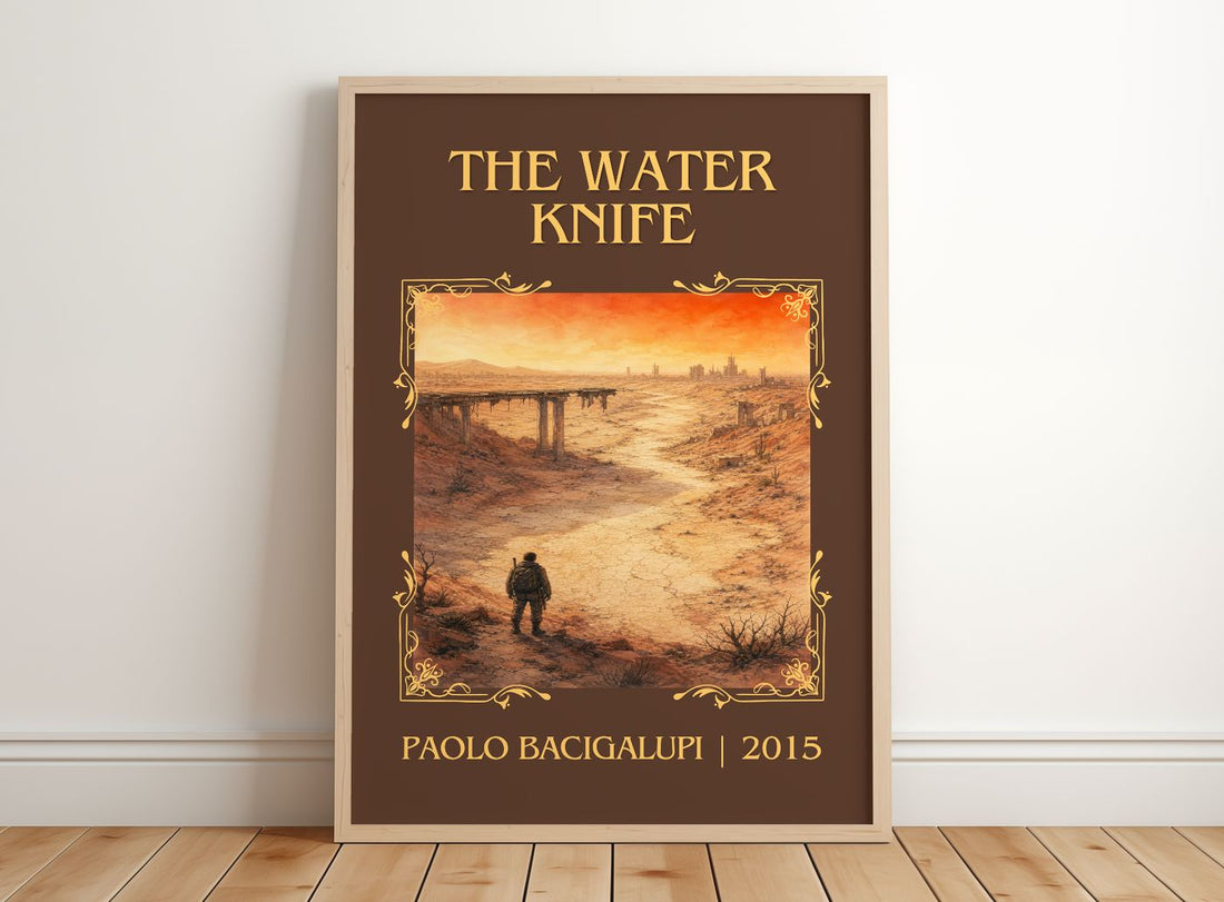 The Water Knife Classic Book Art Print by Paolo Bacigalupi – framed print leaning on a wooden floor