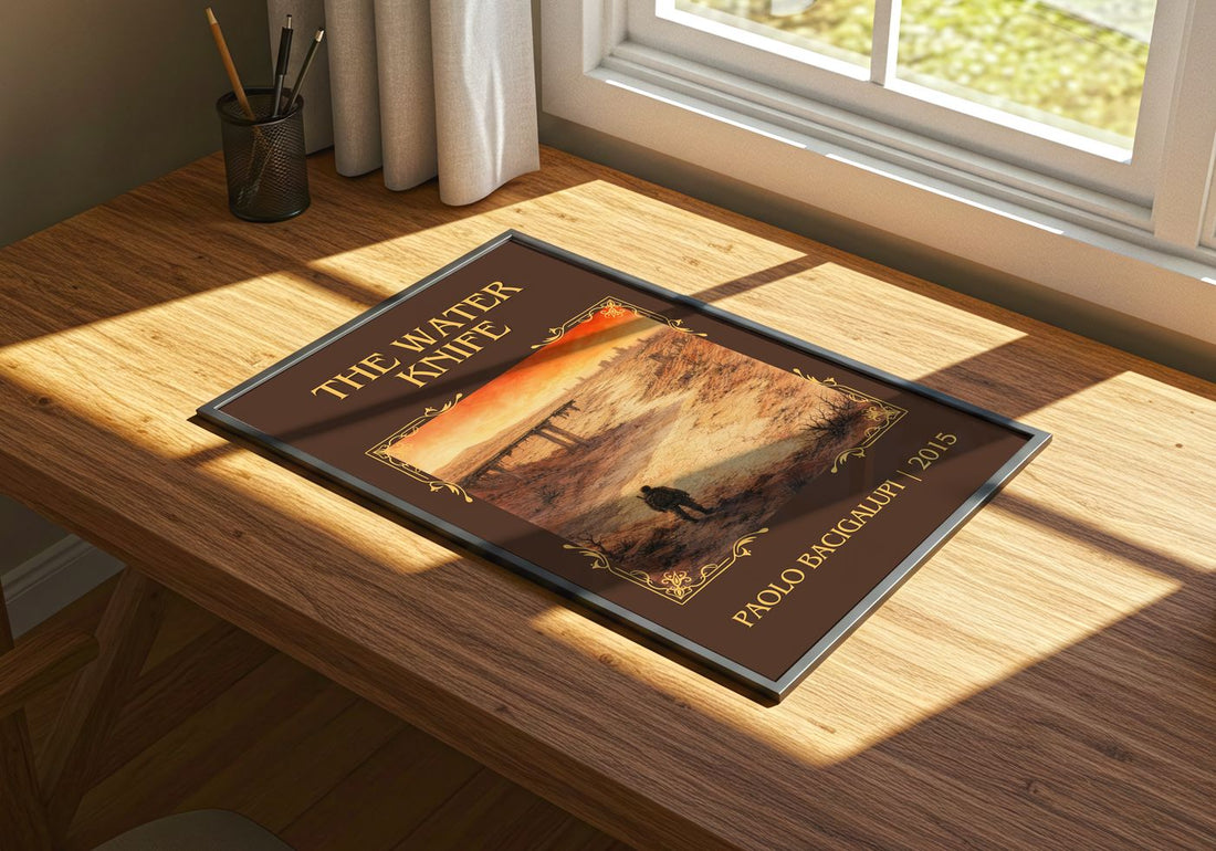 The Water Knife Classic Book Art Print by Paolo Bacigalupi – print on a sunlit desk