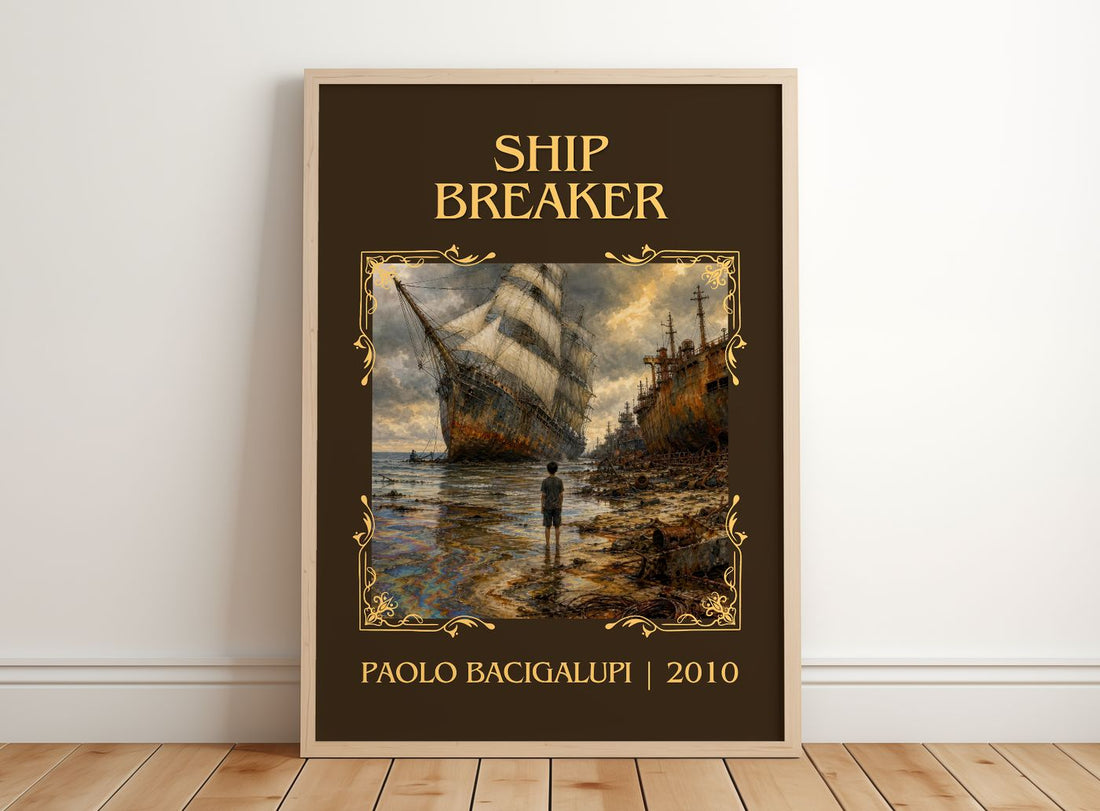 Ship breaker Classic Book Art Print by Paolo Bacigalupi – framed print leaning on a wooden floor
