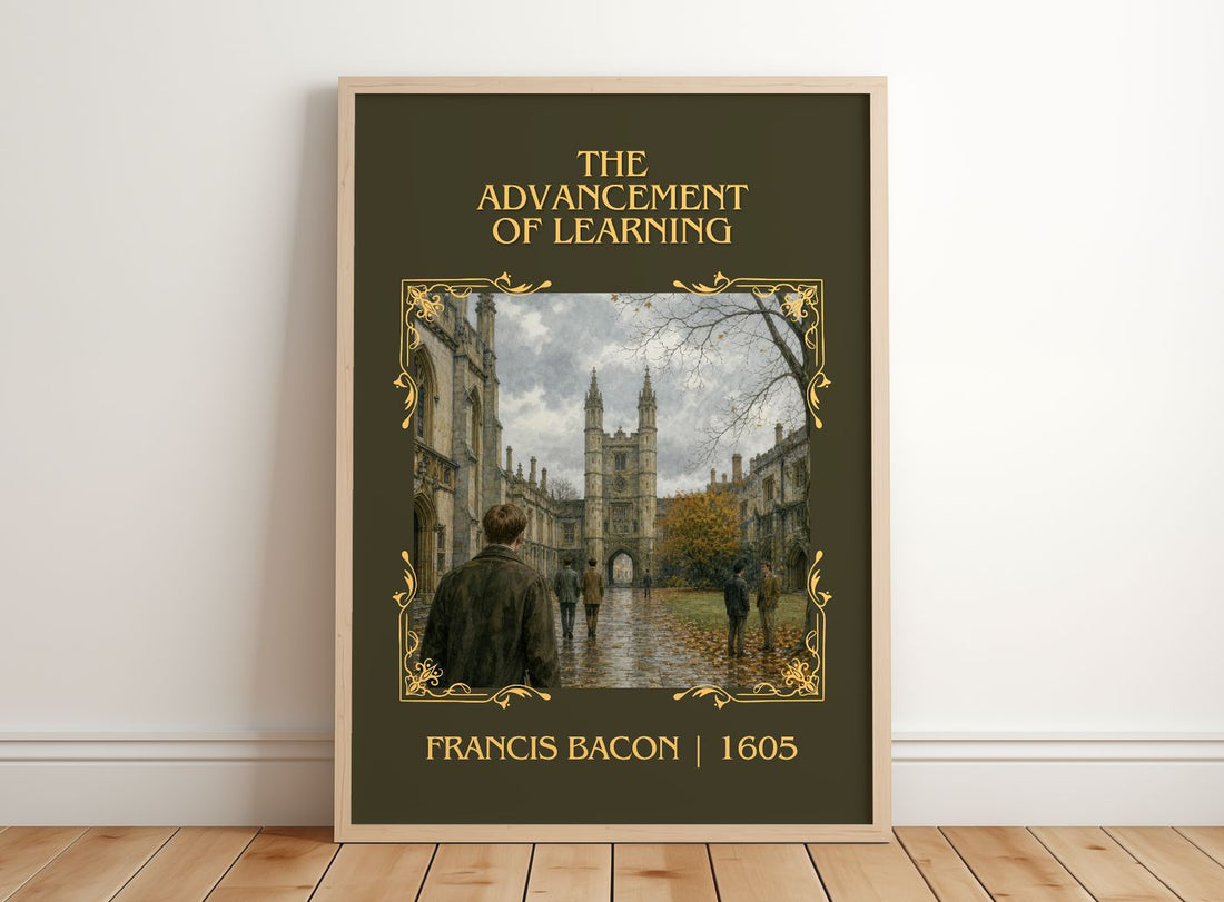 The advancement of learning Classic Book Art Print by Francis Bacon – framed print leaning on a wooden floor