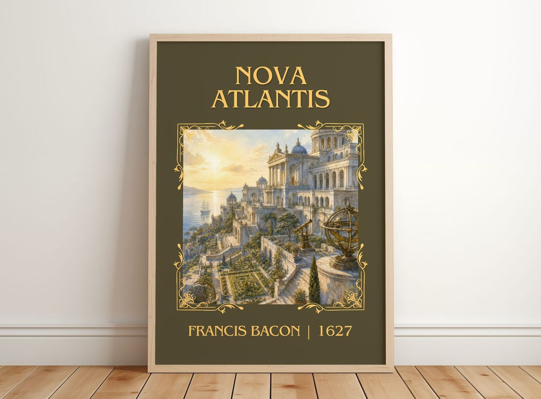 Nova Atlantis Classic Book Art Print by Francis Bacon – framed print leaning on a wooden floor