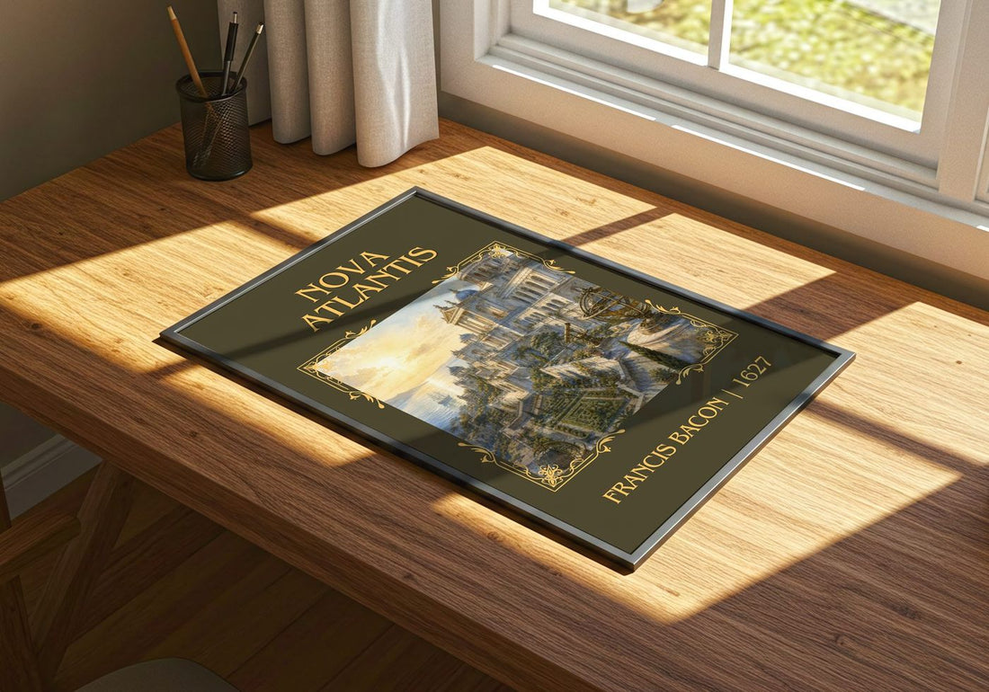 Nova Atlantis Classic Book Art Print by Francis Bacon – print on a sunlit desk