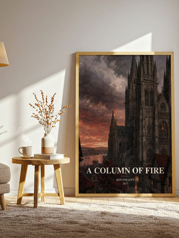 A Column Of Fire watercolour print in frame leaning in hallway – historical fiction wall art