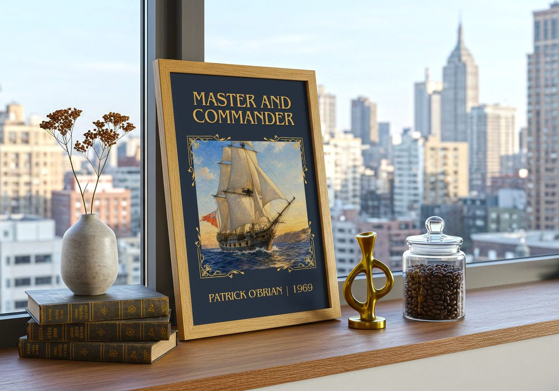 Master and Commander Classic Book Art Print by Patrick O'Brian – framed print on a city-view windowsill