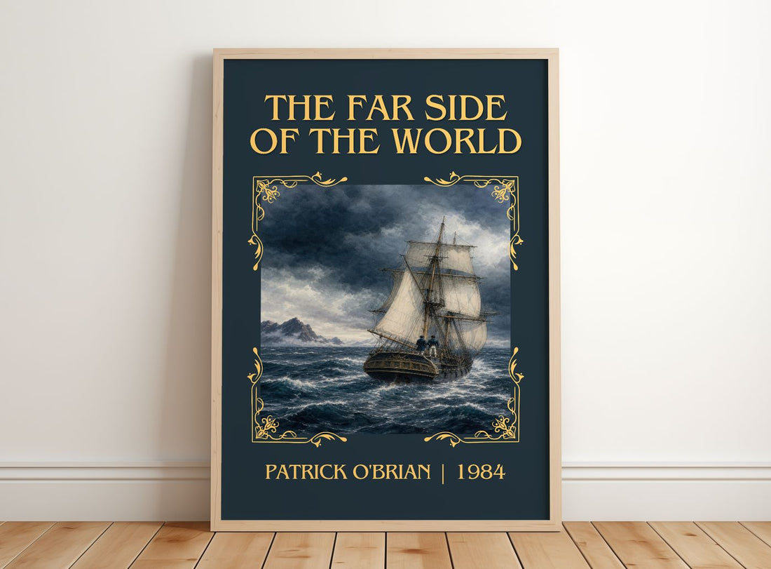 The Far Side of the World Classic Book Art Print by Patrick O'Brian – framed print leaning on a wooden floor