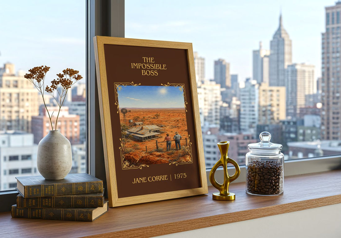 The Impossible Boss Classic Book Art Print by Jane Corrie – framed print on a city-view windowsill