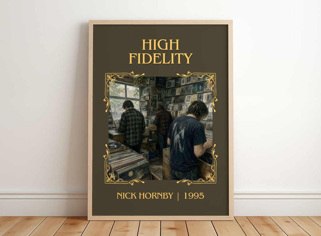High Fidelity Classic Book Art Print by Nick Hornby – framed print leaning on a wooden floor