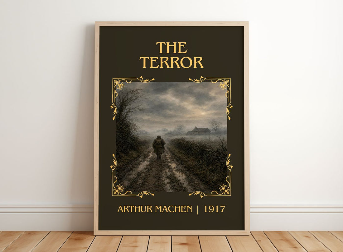 The Terror Classic Book Art Print by Arthur Machen – framed print leaning on a wooden floor