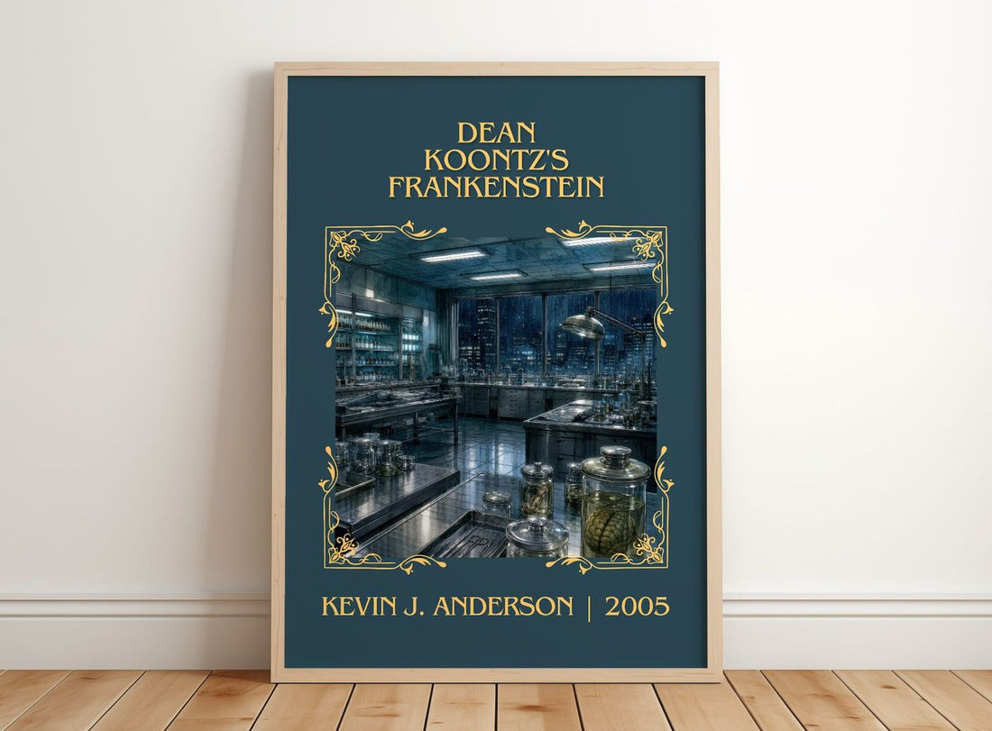 Dean Koontz's Frankenstein Classic Book Art Print by Kevin J. Anderson – framed print leaning on a wooden floor