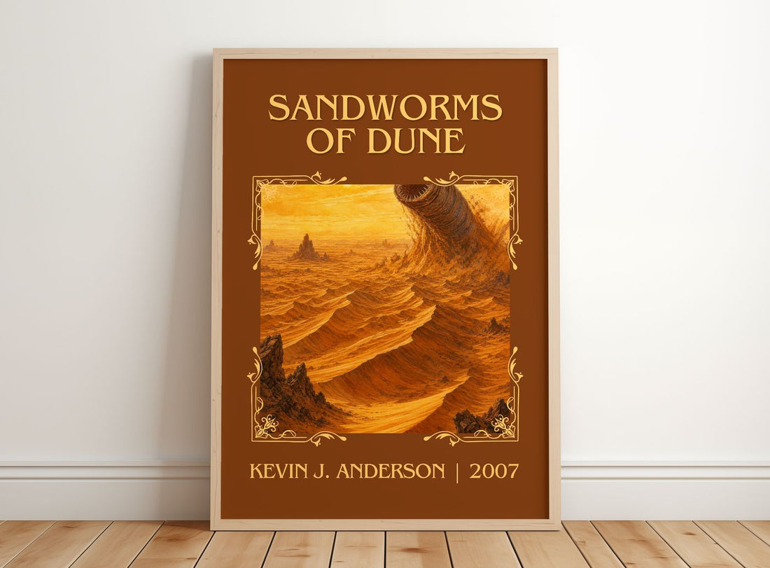 Sandworms of Dune Classic Book Art Print by Kevin J. Anderson – framed print leaning on a wooden floor
